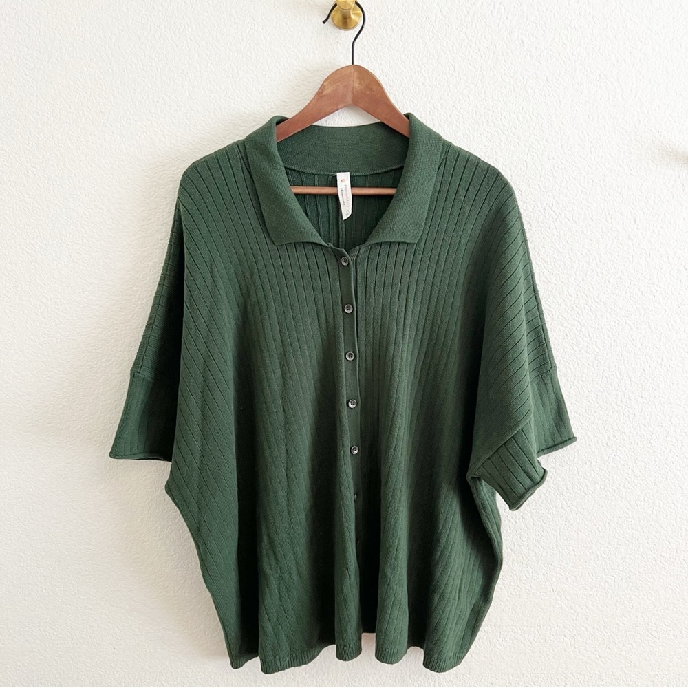 Anthropologie Forest Green Ribbed Button-Front Top